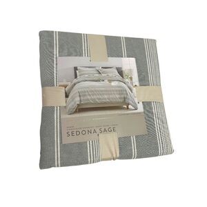 Queen Duvet Set Linen Cotton Green White Striped Lightweight Modern Bedding NEW